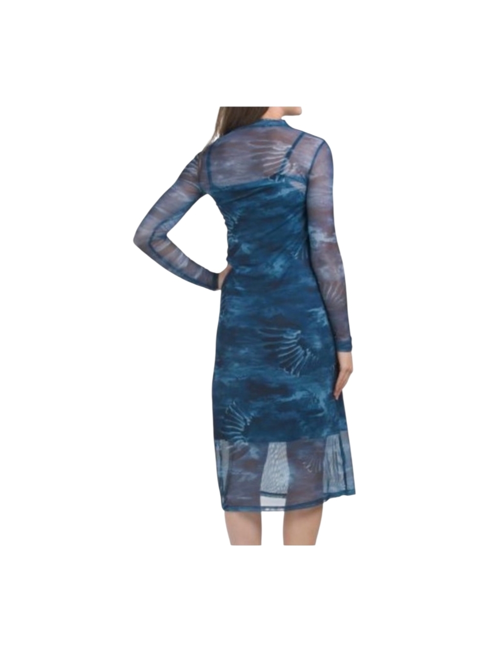 Frye Mainline Women's Ensign Blue Combo Sheer Sleeve Mesh Midi Dress, S, NWT - Picture 6 of 14
